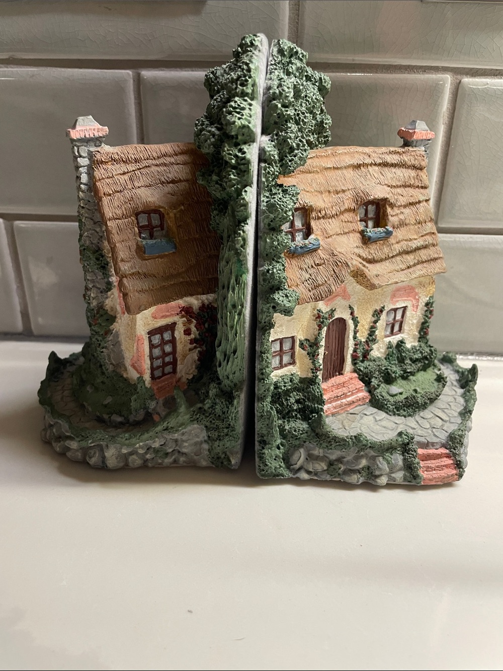 Vintage Cottage Bookends in Green, Tan, Cream